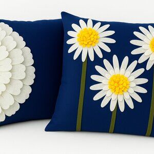Set of 2 3D Felt Sunflowers Cotton 18" Navy Decor Throw Pillow with Inserts